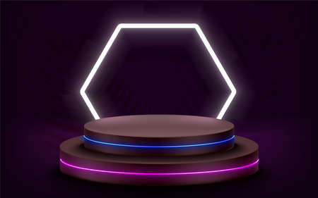 Dark violet room with glowing stage and neon lightsのイラスト素材