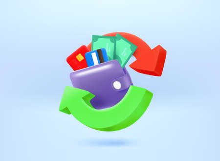 Cashback concept with wallet, cards and banknotes. 3d vector illustrationのイラスト素材