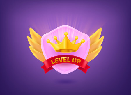 Level up concept. Rating badge 3d vector illustration with golden shield, ribbon and royal crownのイラスト素材