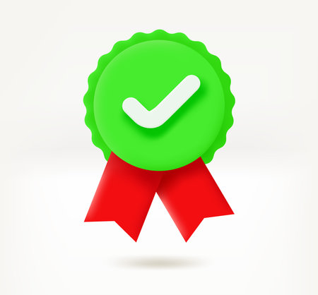 Green insignia with checkmark concept. 3d vector iconのイラスト素材