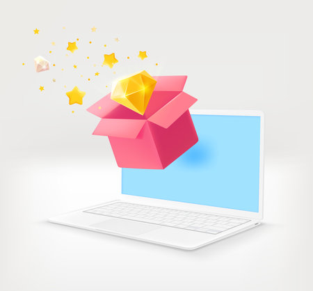 Receiving package with surprise via modern laptop. 3d vector illustrationのイラスト素材