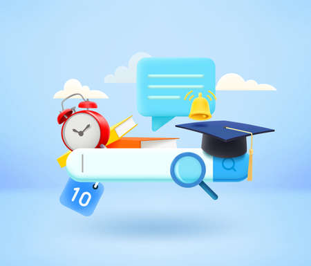 Schooll concept with searching tab.Online education concept. 3d vector illustrationのイラスト素材