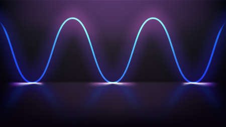 Dark room waving glowing neon with mirror on a floor. 3d vector premium showcase for display productsのイラスト素材