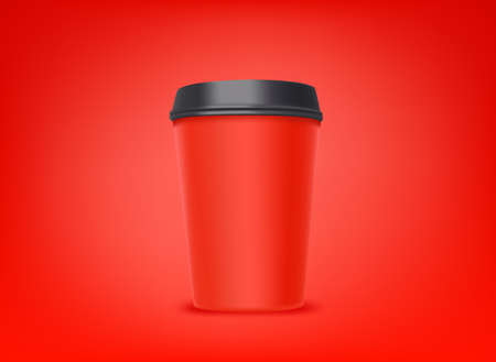 Red coffee cup with black cap on red backgrond. 3d vector illustrationのイラスト素材