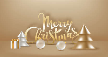 Christmas composition with lettering inscription and decor. 3d vector banner with copy spaceのイラスト素材