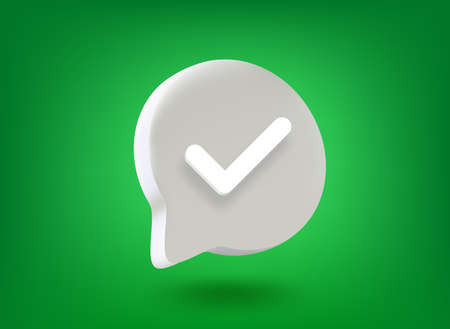 Speech bubble with check mark on green background. 3d vector buttonsのイラスト素材