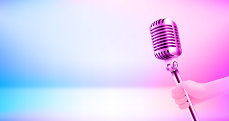 Modern microphone with holographic effect. Interview concept. 3d vector banner with copy spaceのイラスト素材