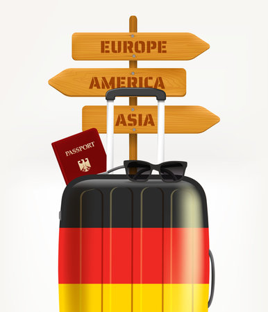 German tourist suitcase with pointer with continents names. 3d vector banner with copy spaceのイラスト素材