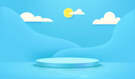 Pink empty interior mockup with clouds and mirror floor. template for design. vector 3d illustrationのイラスト素材