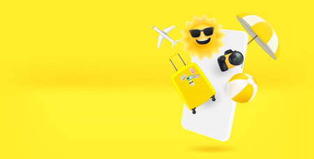 Booking adventure via modern smartphone. 3d vector banner with copy space