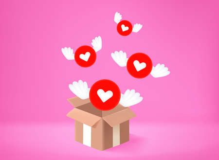 social media reactions. Hearts with the wings. 3d vector conceptのイラスト素材