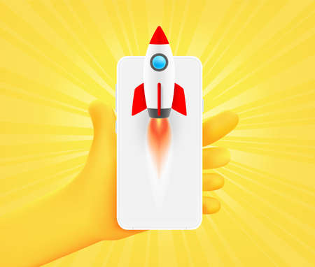 Hand with app icon with rocket on smartphone. 3d vector illustrationのイラスト素材