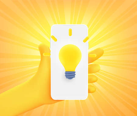 Cute comic hand with app icon with lightning bulb on smartphone. 3d vector illustrationのイラスト素材