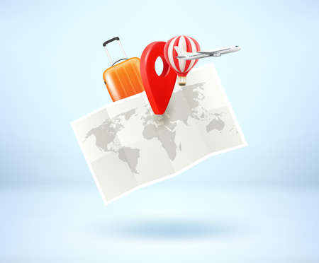Travel concept with paper map. 3d vector illustrationのイラスト素材