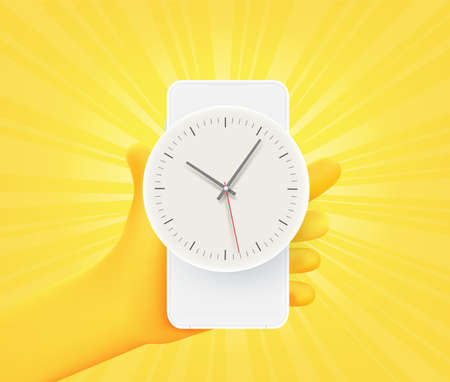 Hand with clock icon on smartphone. 3d vector illustrationのイラスト素材