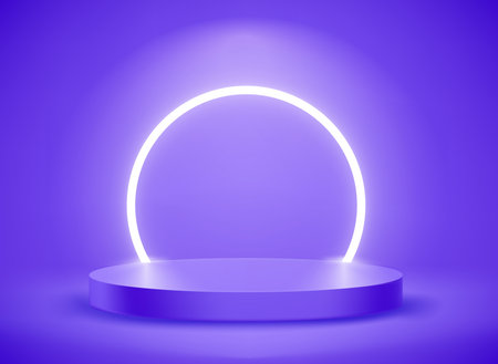 Dark blue room with circle neon light and podium. 3d vector showcase for display productsのイラスト素材