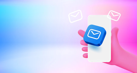 Using mailing application on mobile phone. 3d vector banner with copy space