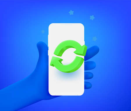 Comic hand with smartphone with upgrade icon. 3d vector illustrationのイラスト素材