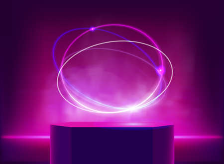 illuminated violet studio with neon light, portal and podium. 3d vector illustrationのイラスト素材