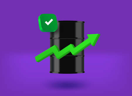 Oil barrel price concept with checkmark icon. 3d vector illustrationのイラスト素材