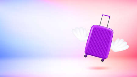 Season adventure concept with flying baggage. 3d vector banner with copy spaceのイラスト素材