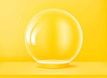 Yellow showcase with transparent glass sphere. 3d vector presentation mockupのイラスト素材