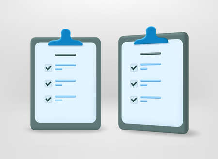 Clipboard with paper survey. 3d vector setのイラスト素材