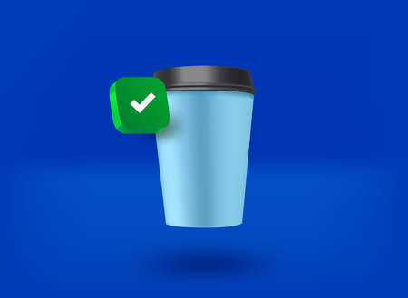 Paper cup with green checkmark icon. 3d vector illustrationのイラスト素材