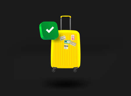 Yellow suitcase with checkmark icon. 3d vector illustrationのイラスト素材