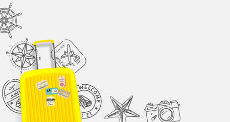 Travel banner with yellow bag, doodle elements and copy space. vector illustrationのイラスト素材