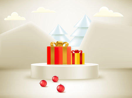 Christmas showcase with soft light and christmas elements. Realistic showcase. 3d style vector illustrationのイラスト素材