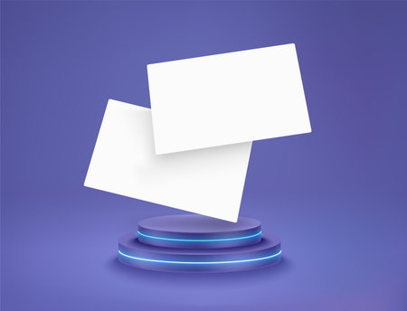 White business cards with neon podium. vector 3d illustration