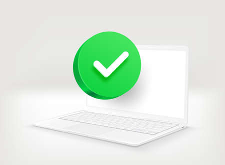 White modern laptop with checkmark icon. 3d vector illustrationのイラスト素材