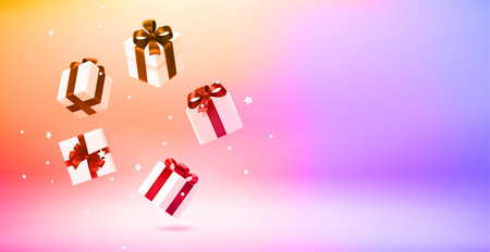 Falling gift boxes. 3d vector landscape orientation banner with copy space