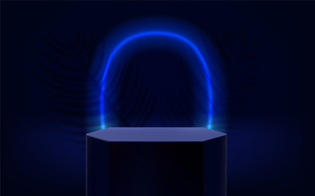 Dark blue room with glowing stage and neon lightsのイラスト素材