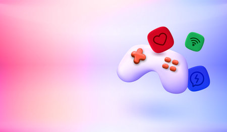 Modern video game joystick with app icons. 3d vector banner with copy spaceのイラスト素材
