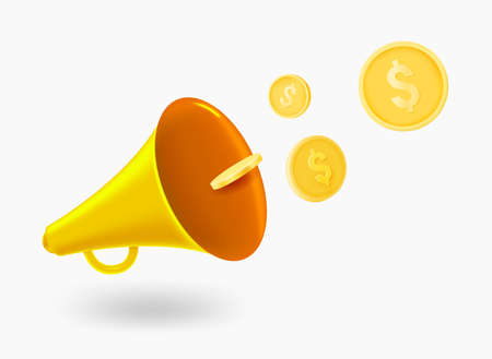 Loudspeaker with dollar coins. 3d vector illustrationのイラスト素材