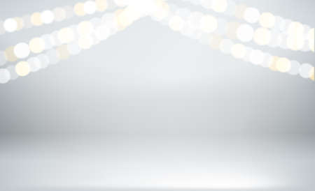 Bright room with podium and garland with bokeh effect. Realistic showcase. 3d style vector illustrationのイラスト素材