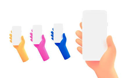 Cartoon hands with white smartphone. 3d vector clipart isolated on whiteのイラスト素材