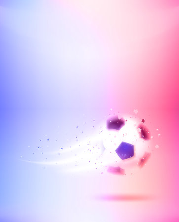 Neon glowing soccer ball. 3d vector vertical banner with copy spaceのイラスト素材