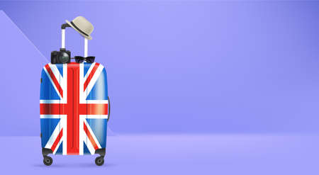 Travel bag with paper hat, digital camera and sunglasses. 3d vector illustrationのイラスト素材