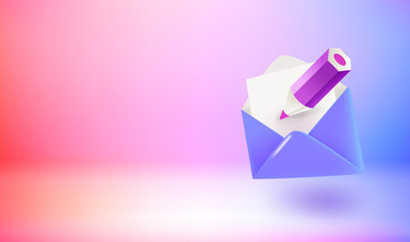 Envelope with pencil. Writing message concept. 3d vector illustration with holographic effect