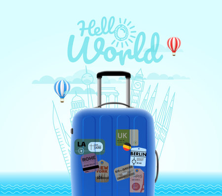 Season travel concept with suitcase and silhouettes of buildings. 3d vector illustrationのイラスト素材