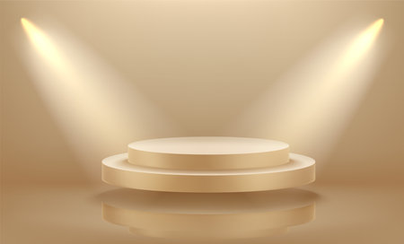 Gold empty interior illuminated with projectors with levitated platform. 3d vectorのイラスト素材