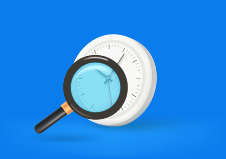 Searching for time concept with clock and magnifier. 3d vector illustrationのイラスト素材