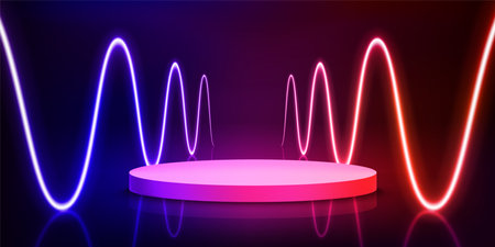 Illuminated interior with empty podium and neon glowing waves. 3d vector illustrationのイラスト素材