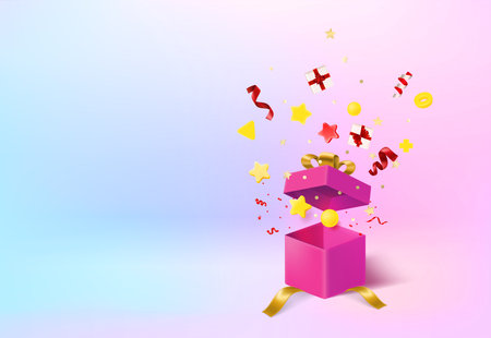 Holiday concept with gift box and confetti. 3d vector banner with copy spaceのイラスト素材