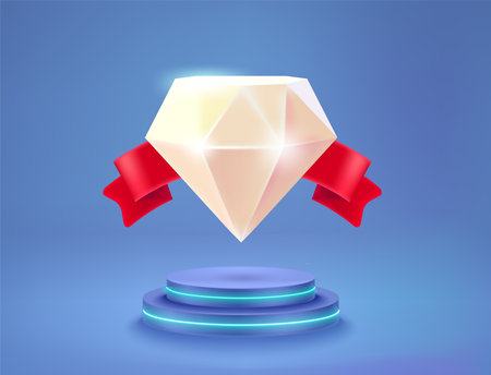 White crystal with red ribbon on neon podium. vector 3d illustrationのイラスト素材