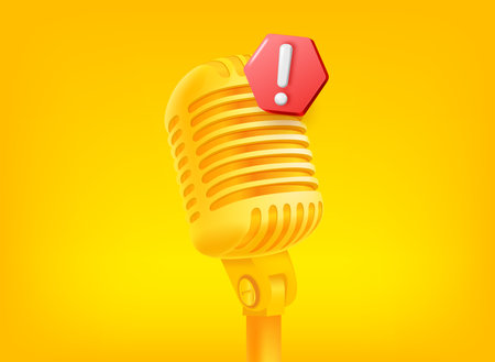 Golden microphone with exclamation point. vector 3d illustrationのイラスト素材