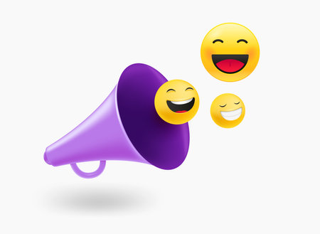 Loudspeaker with emoticons. 3d vector illustrationのイラスト素材